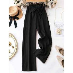 LUNE Ladies' Solid Colored Textured Paper Bag Waist Long Pants,Casual